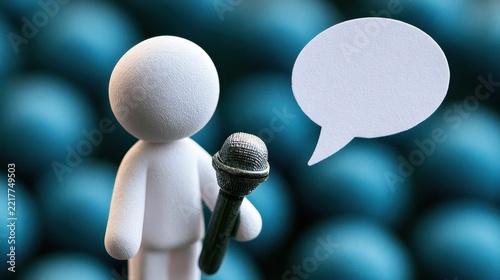 A white stick figure with a microphone and dialogue symbol highlights public speaking abilities, professional communication, persuasive messaging, and social interaction.
