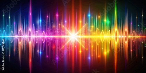 Radiant patterns of light and color converge to form an immersive soundscape of pulsating frequencies and resonant vibrations that reverberate through the air , patterns, light