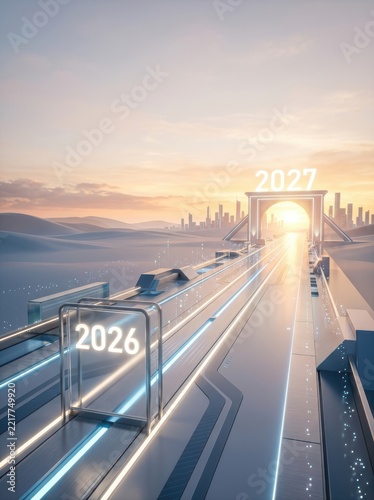 Futuristic train traveling towards the year 2027 isolated on white background, illustration
