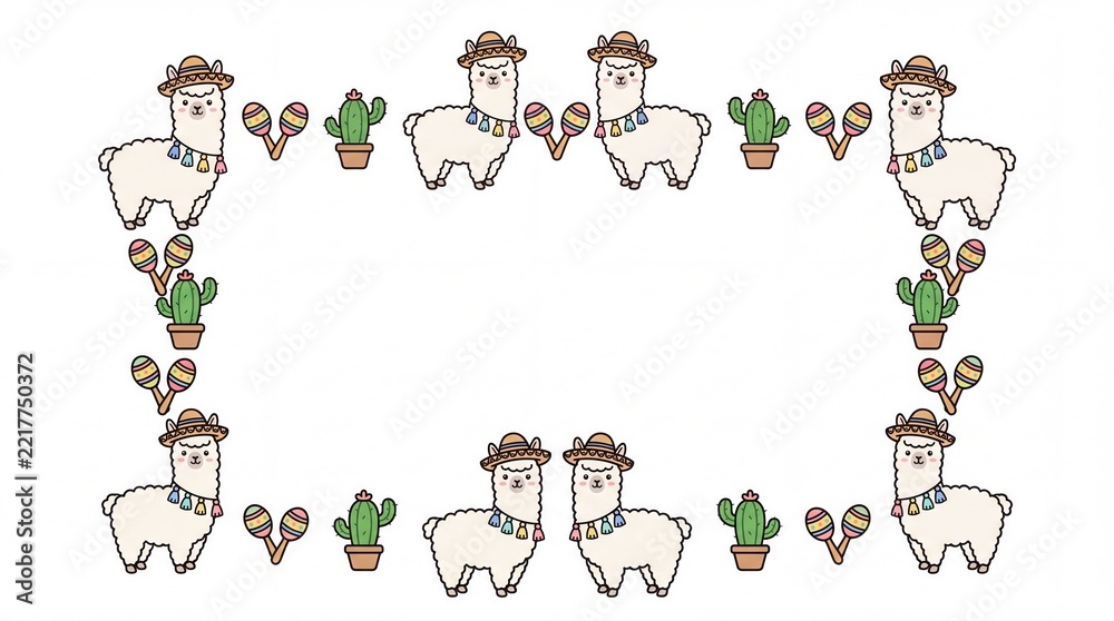 Fototapeta premium Cute Alpaca Fiesta Frame Border Template with Cacti and Maracas