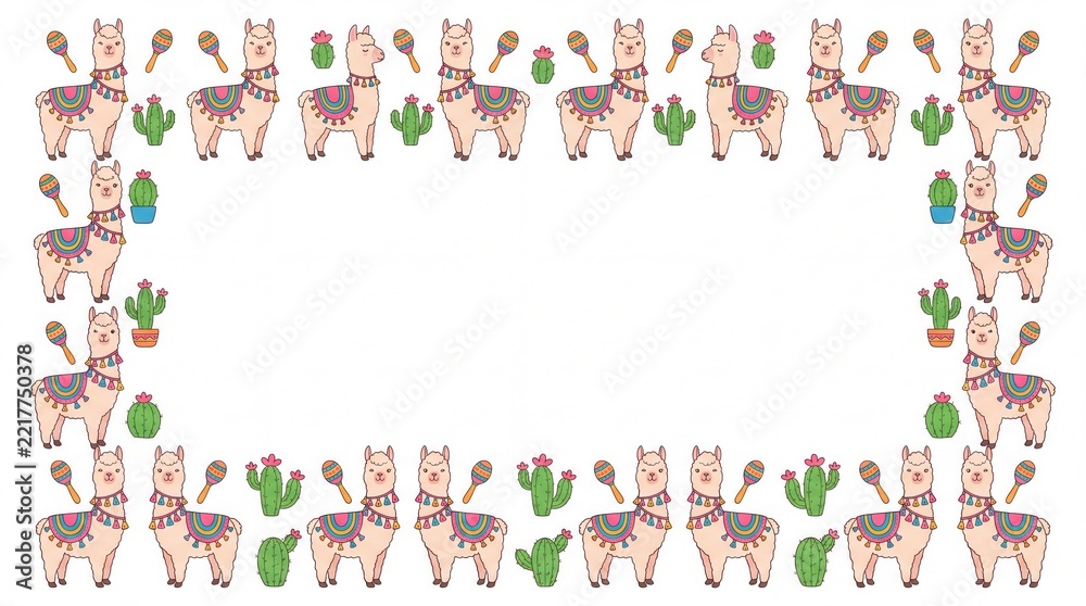 Fototapeta premium Cute Cartoon Alpaca Mexican Fiesta Frame Template with Copy Space