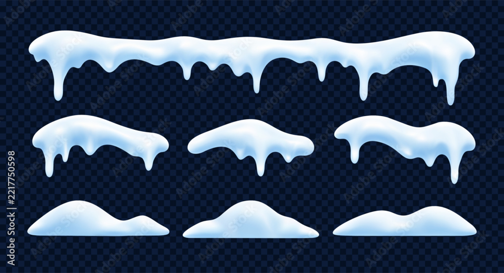 Naklejka premium Winter snow cap collection with frozen ice, hanging icicles and snowy borders for festive Christmas decoration