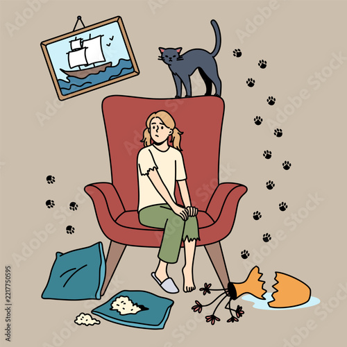 Mess and disorder from cat concept. Young frustrated girl sitting on armchair looking at broken vase and prints on wall from her cat vector illustration