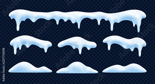 Winter snow cap collection with frozen ice, hanging icicles and snowy borders for festive Christmas decoration