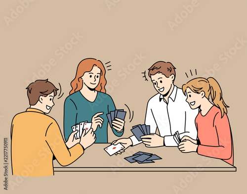 Friendship and leisure games concept. Group of young smiling friends sitting and playing cards together over blue background vector illustration