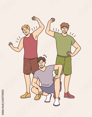 Athletes and sport lifestyle concept. group of young smiling strong men standing sitting showing biceps after workout vector illustration