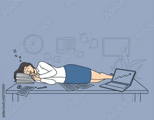 Tiredness and exhaustion concept. Young woman cartoon character lying down and sleeping in office near papers and laptop vector illustration