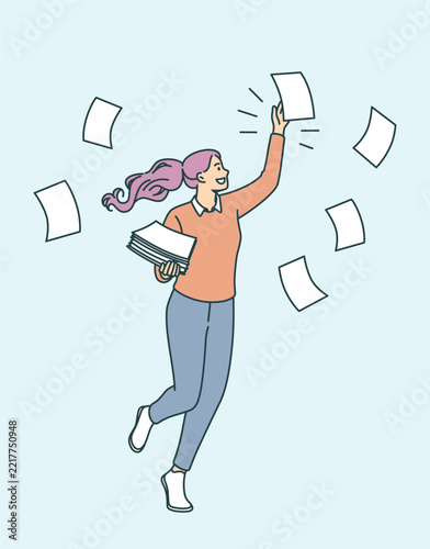 Multi tasking and work concept. Young smiling woman cartoon character walking in office collecting flying paper sheets with tasks vector illustration