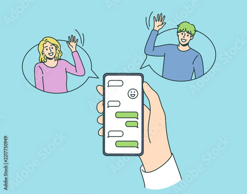 Online chat and technologies concept. Human hand holding smartphone with chat and smiling friends greeting from sides vector illustration