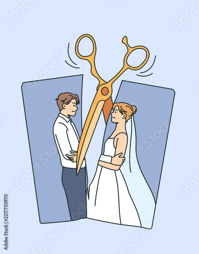 Breaking up and divorce concept. Photo of young married couple cartoon characters standing hugging and scissors cutting photo into pieces vector illustration