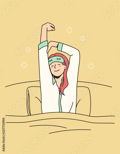 Happy waking up and health concept. Young smiling woman with eyes closed and sleeping mask stretching out in bed feeling fresh and relaxed vector illustration
