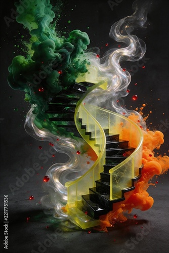 Surreal Spiral Staircase Wrapped in Dynamic Green and Orange Ink Smoke with Floating Red Beads