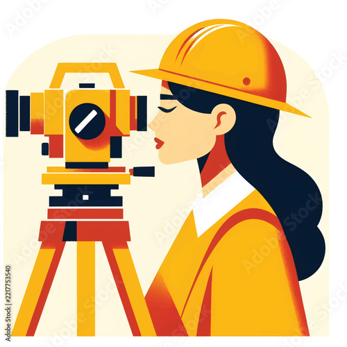 Female Land Surveyor Using Theodolite Total Station Illustration