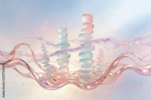 Abstract Translucent Glass Stones stacked with Elegant Rose Gold Liquid Waves and Pastel Background