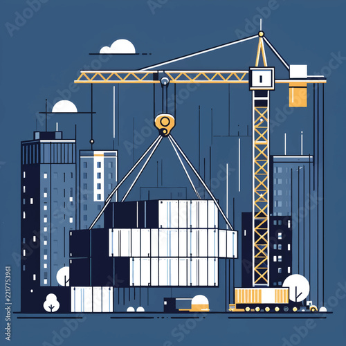 Construction Crane Lifting Modular Building Units in Urban Cityscape Illustration