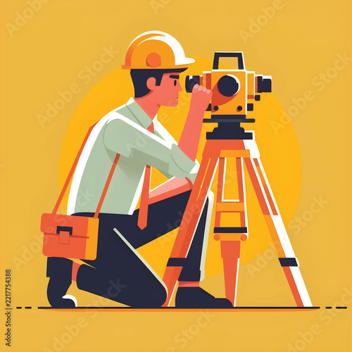 Surveyor Using Theodolite on Tripod, Civil Engineering and Construction Vector Illustration