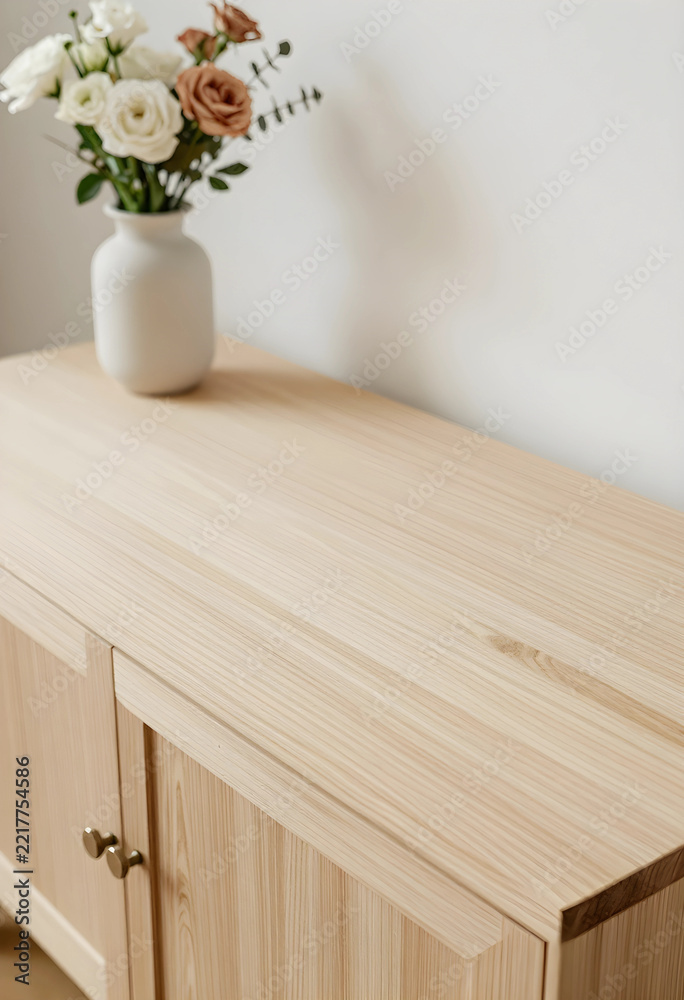 Fototapeta premium Interior design and home decor, minimalist wooden sideboard with a vase of fresh flowers in a bright living room for lifestyle and wellness concepts