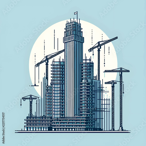 Modern Skyscraper Construction Site with Tower Cranes Illustration