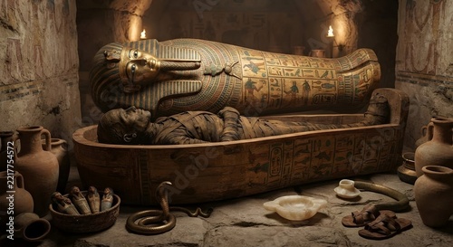 
Open Painted Egyptian Sarcophagus with Wrapped Mummy Inside Ancient Stone Tomb with Ushabti and Pottery
