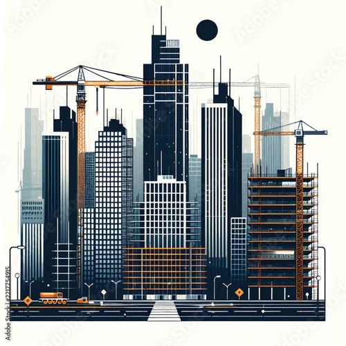 Abstract Modern City Construction with Skyscrapers and Industrial Cranes on White Background