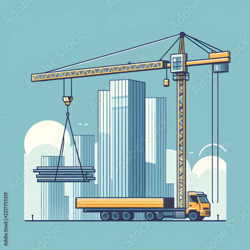 Construction Crane Lifting Materials at Urban Building Site Illustration