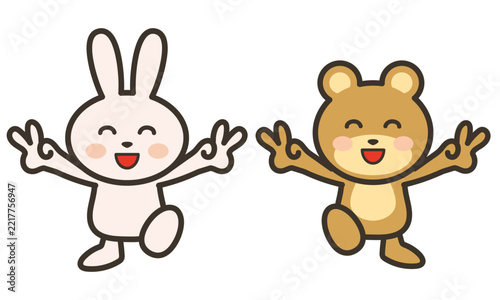 Cute rabbit and bear making double peace signs and celebrating cartoon illustration