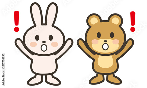 Cute rabbit and bear looking surprised with raised hands and exclamation marks cartoon illustration