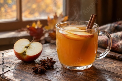 Hot spiced apple cider with cinnamon in a glass mug