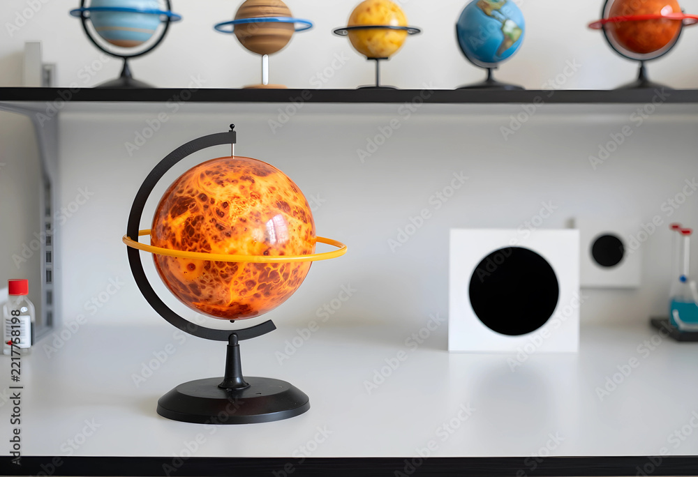 Fototapeta premium Astronomy and space exploration, model of planet Venus on a desk with scientific globes and laboratory equipment for education and research in a classroom