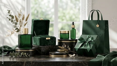 Luxury Emerald Green Cosmetic and Skincare Packaging Set Featuring Perfume Bottle, Serum Dropper, Cream Jar, Velvet Jewelry Box, Gift Box, and Shopping Bag on Black Marble Surface for Branding Mockup