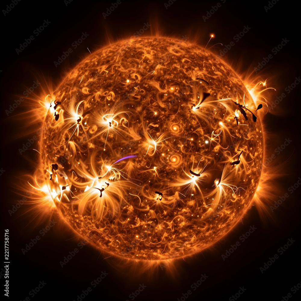Fototapeta premium Solar energy and space exploration, sun surface with solar flares and plasma activity in deep space for astronomy and renewable power research