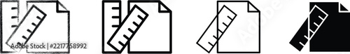 Document Paper with Measurement Ruler Vector Icon Set. Page Layout Size, Technical Drafting Specifications, Blueprint Design Planning,  in Line Art, Bold Line, and Solid 