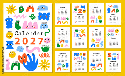 Calendar 2027 starting from Sunday. Various shapes and doodle objects. Modern art. Minimalist shapes. Geometric trendy vector illustrations.