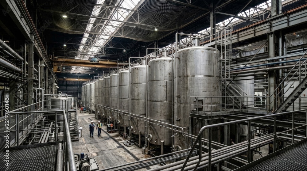 Fototapeta premium Two workers walk past giant metal silos during a grain silo harvest operation inside a vast industrial processing facility filled with complex piping and overhead catwalks