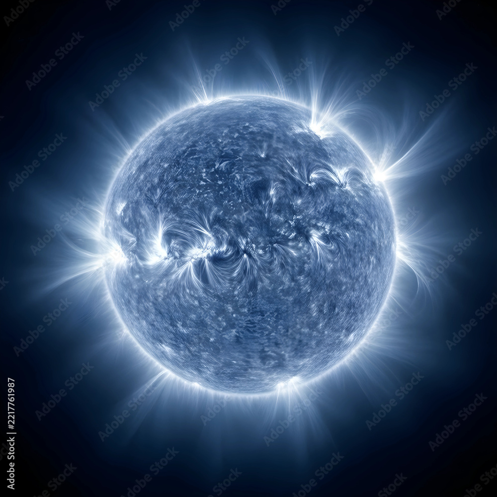 Fototapeta premium Solar activity and space weather, sun surface with magnetic field lines and solar flares in deep space for astronomy and astrophysics research