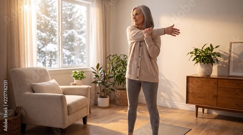 Active Aging Wellness, An older adult stretches in a sunlit living room, embracing winter wellness