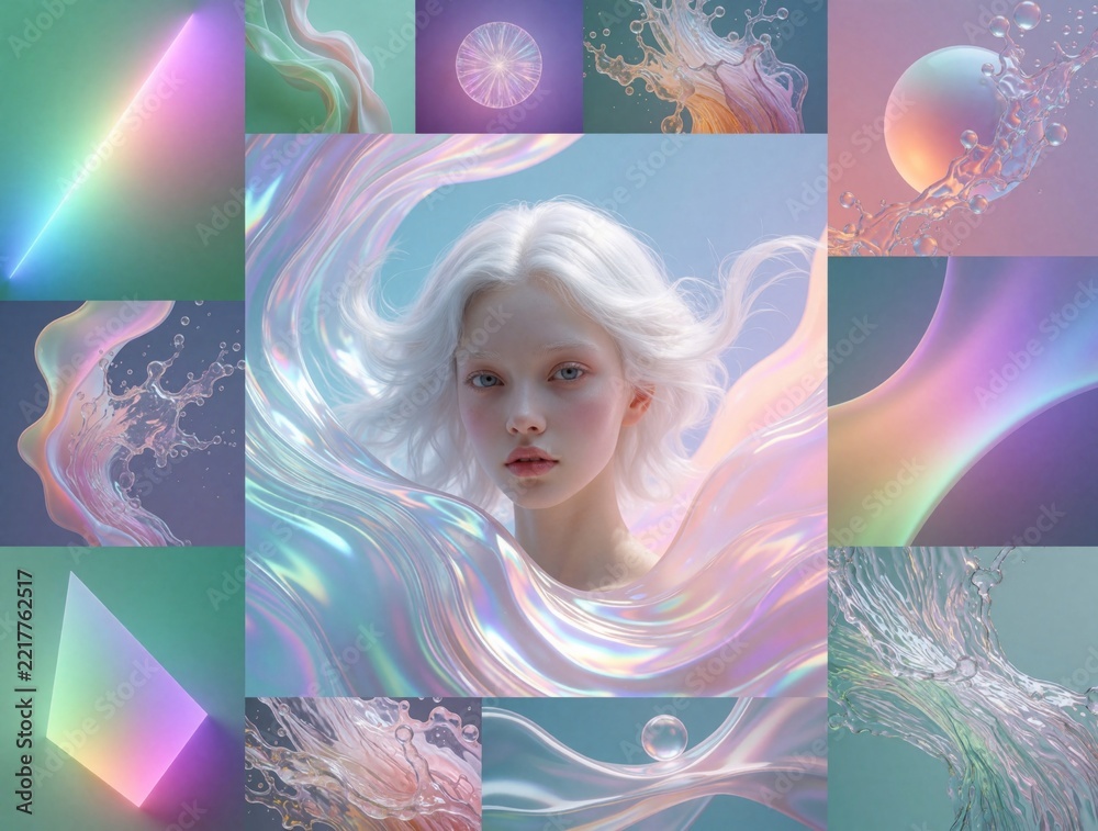 Fototapeta premium Abstract digital art collage featuring young woman with white hair in surreal liquid waves. Neon light beams, iridescent gradients, geometric shapes create futuristic fantasy mood. Vibrant colorful