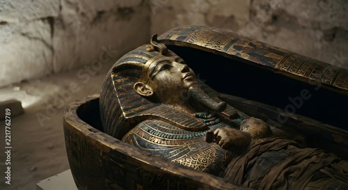 
Ancient Egyptian Pharaoh Mummy in Golden Sarcophagus with Nemes Headdress and Beaded Collar in Tomb