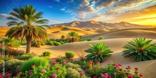 A serene and tranquil green oasis nestled among vast expanses of golden desert sands, with lush foliage and vibrant flowers swaying gently in the breeze , desert, green