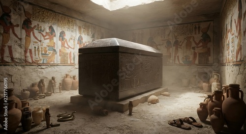 
Large Stone Sarcophagus in Ancient Egyptian Tomb Chamber with Hieroglyphic Murals Pottery and Funerary Artifacts