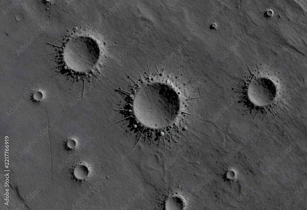 Fototapeta premium Space exploration and planetary science, aerial view of impact craters on a barren moon or planet surface with rocky terrain and geological formations