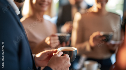 Faceless group of business people enjoying an office coffee break, with copy space