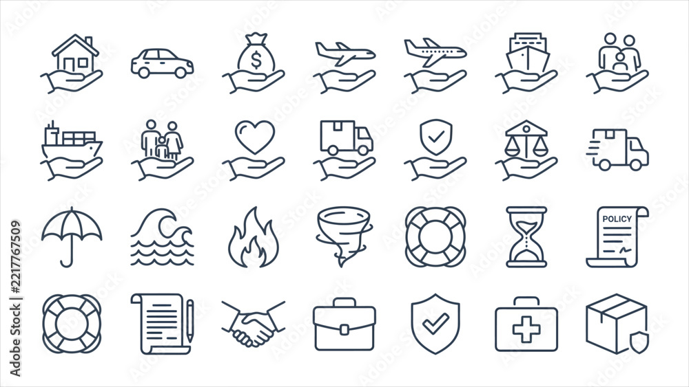 Fototapeta premium Set of insurance and logistics line icons, including house, car, money, travel, family, shipping, protection, and legal symbols.