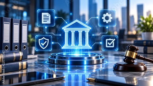 Digital legal concept with courthouse building icon gavel law books and digital icons for document security and checklist on a desk