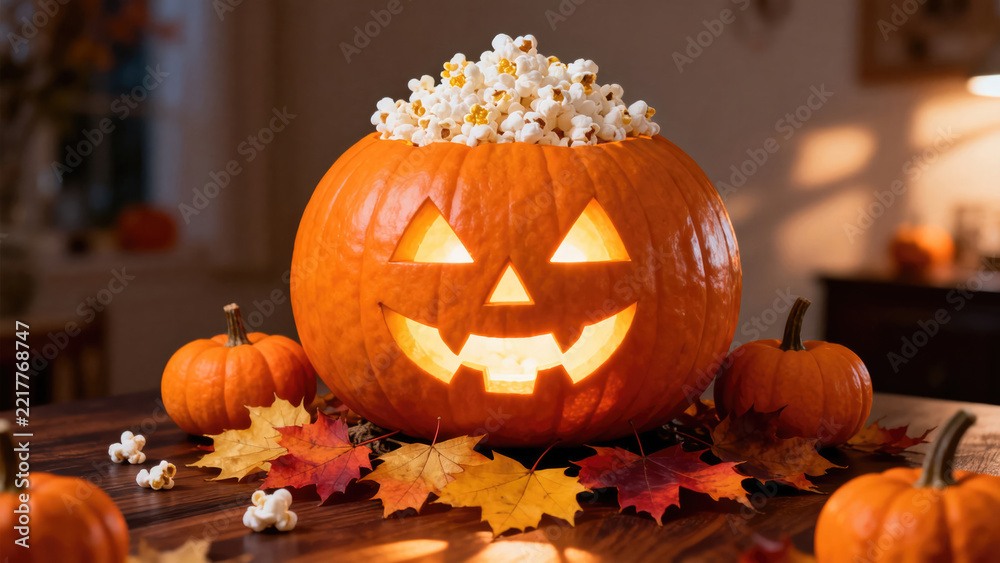 Fototapeta premium Cozy Halloween night with glowing pumpkin and popcorn snack, halloween holiday festive image design