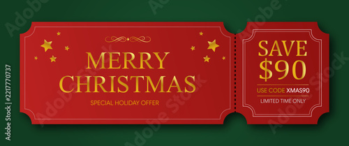 Christmas sale coupon template with golden text on red background, festive holiday discount voucher design with stars and elegant decorative elements for seasonal shopping promotions