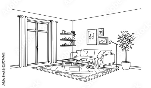 Modern living room interior line drawing vector illustration with furniture