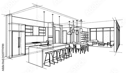 Open plan home interior architectural line art vector with kitchen and dining furniture