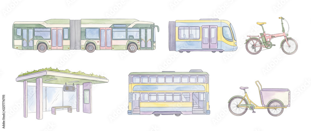 Fototapeta premium Public transport set watercolor bus tram cargo bike and green bus stop illustration for urban mobility design, eco friendly city transit commuting icons isolated set black background asset graphic.