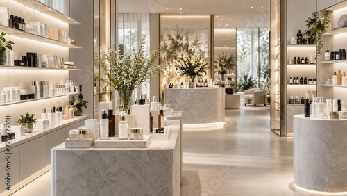 Luxury skincare and beauty store interior with cosmetic products displayed on elegant modern shelves